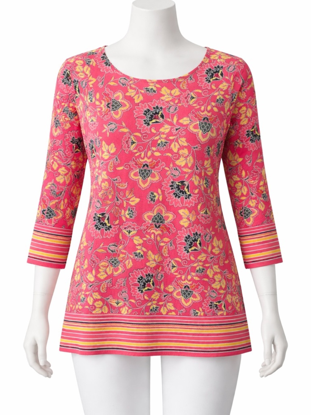 Ruby Rd. Women’s pink, yellow, white floral 3/4 sleeve top raised white dot Sz M